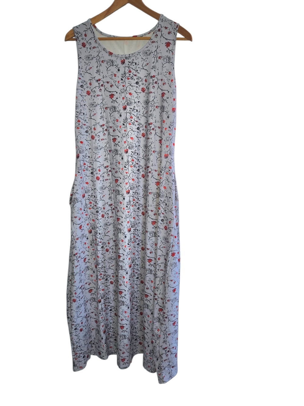 Sleeveless Grey Floral Maxi Dress with Red And Black Accents, Has Pockets